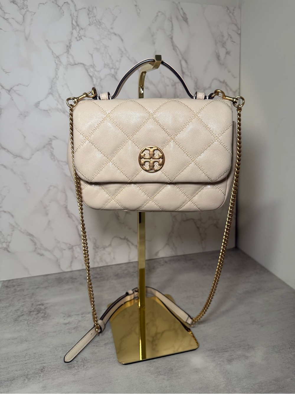 Tory Burch Cream Quilted Leather Chain Crossbody - Picture 1 of 6